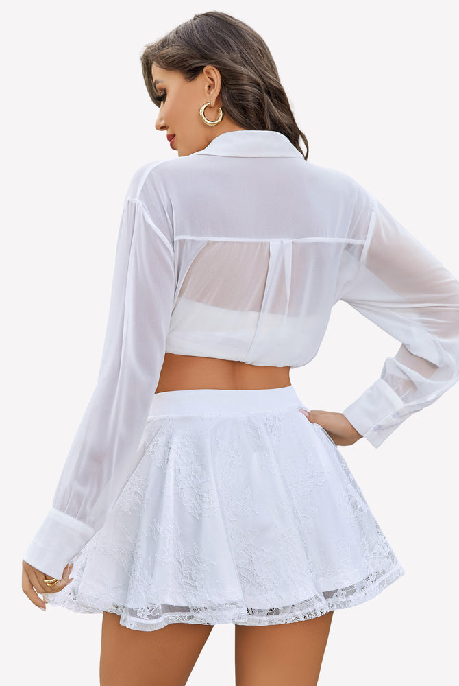 White lace skater skirt and top set, A-line silhouette, perfect for stylish outfits.