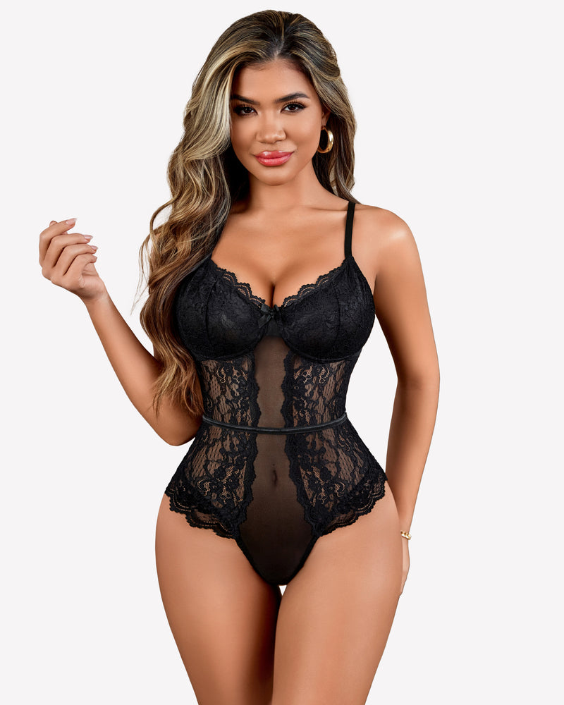 Black lace bodysuit one piece mini top, featuring adjustable straps and flattering curve