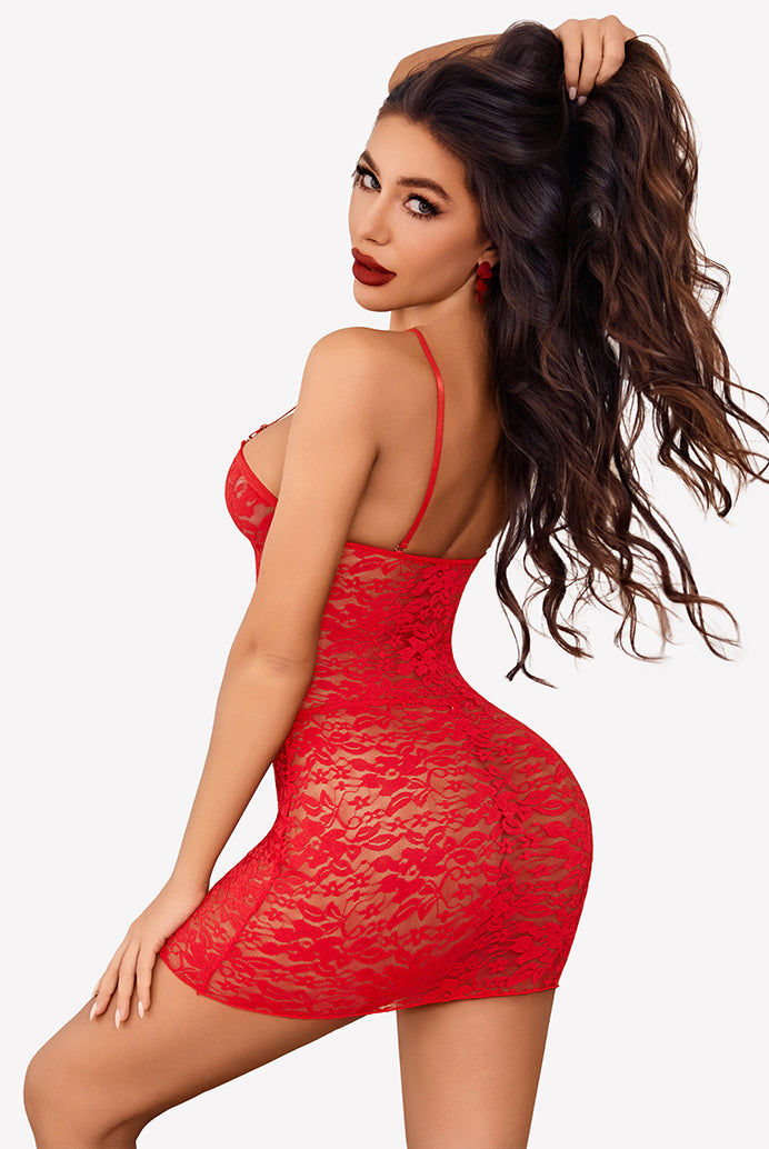Red lace chemise with floral lace design. Sexy boudoir lingerie with adjustable straps.