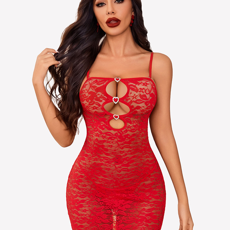 Red lace cutout chemise with heart details. Sexy boudoir lingerie for confident women.