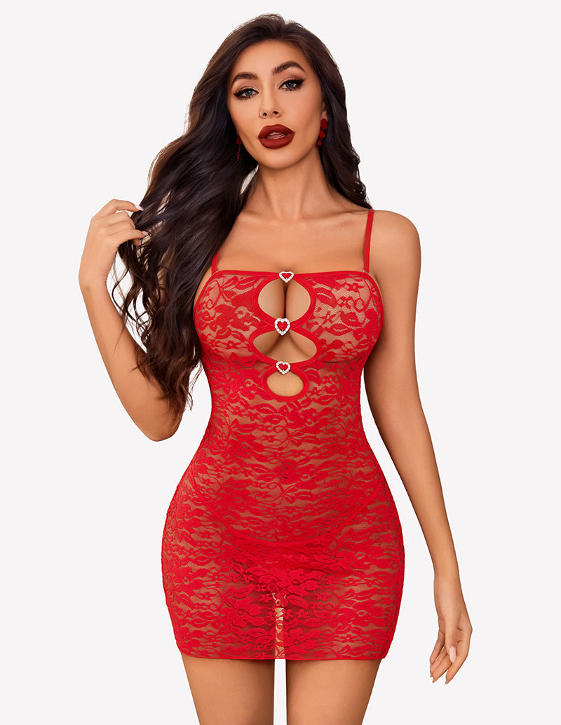 Red lace cutout chemise with heart details. Sexy boudoir lingerie for confident women.