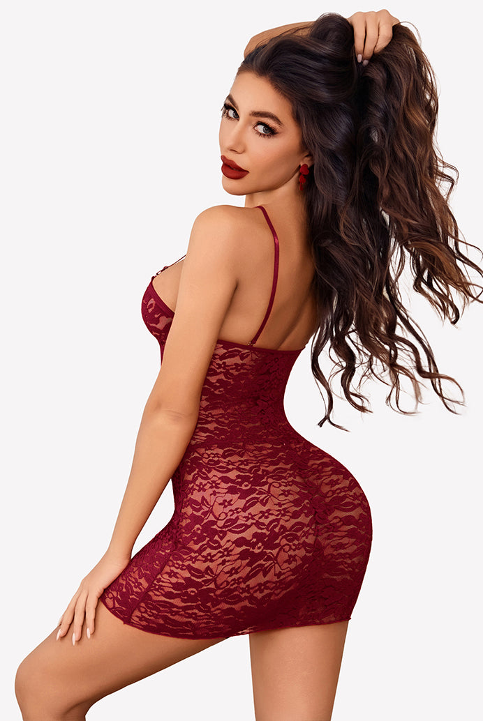 Burgundy lace cutout chemise with floral design, sexy boudoir lingerie with adjustable straps