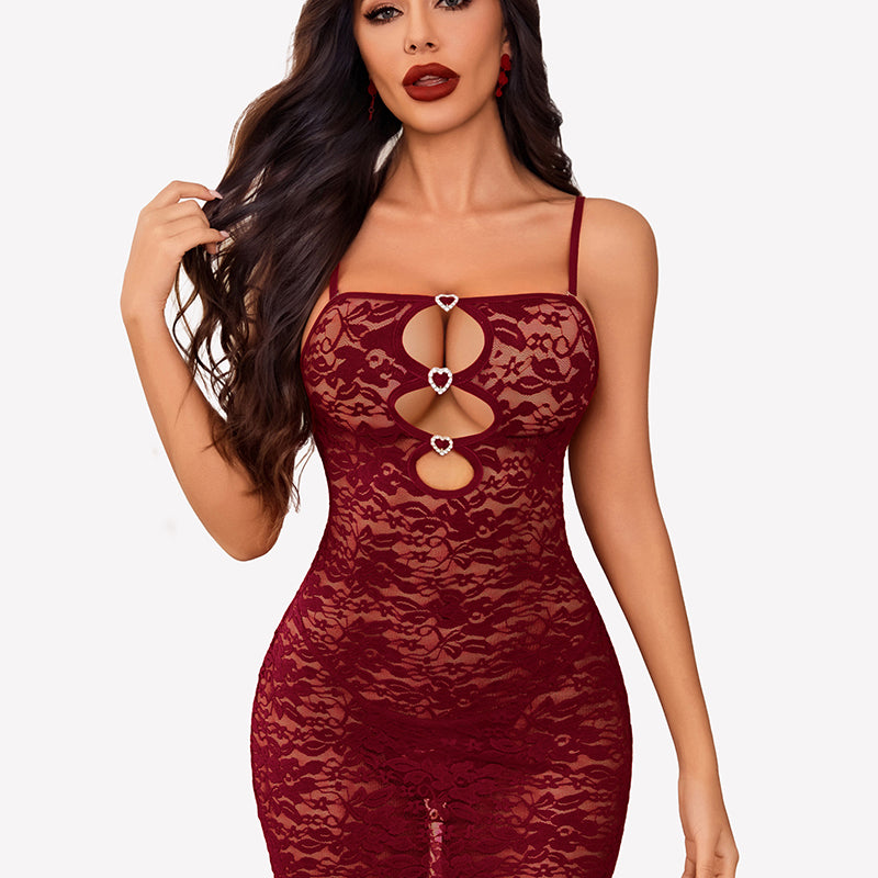 Burgundy lace cutout chemise with heart details, sexy boudoir lingerie with adjustable straps.