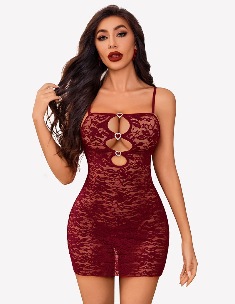 Burgundy lace cutout chemise with heart details, sexy boudoir lingerie with adjustable straps.