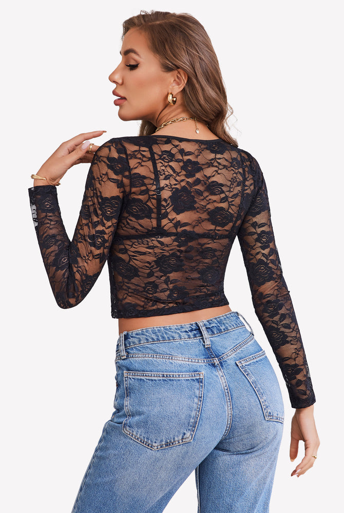 Black floral lace mesh long sleeve crop top with bra set, sexy lingerie for women
