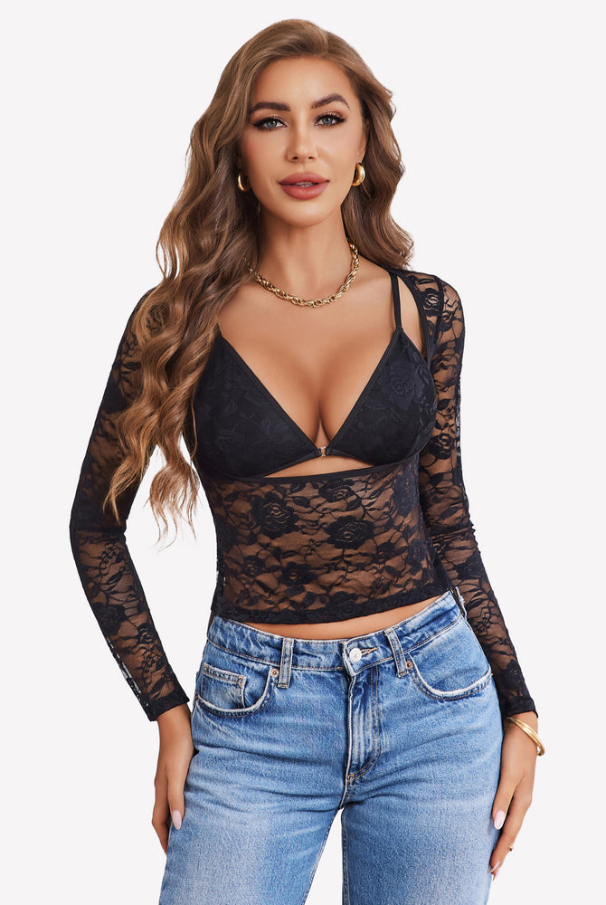 Black mesh long sleeve crop top with bra set, floral lace, sexy lingerie for women