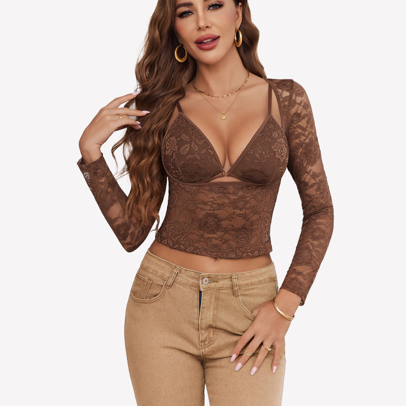 Brown floral lace mesh long sleeve crop top with bra set, sexy lingerie for women