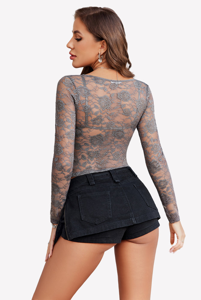 Gray floral lace mesh crop top with bra set and black denim shorts, sexy lingerie