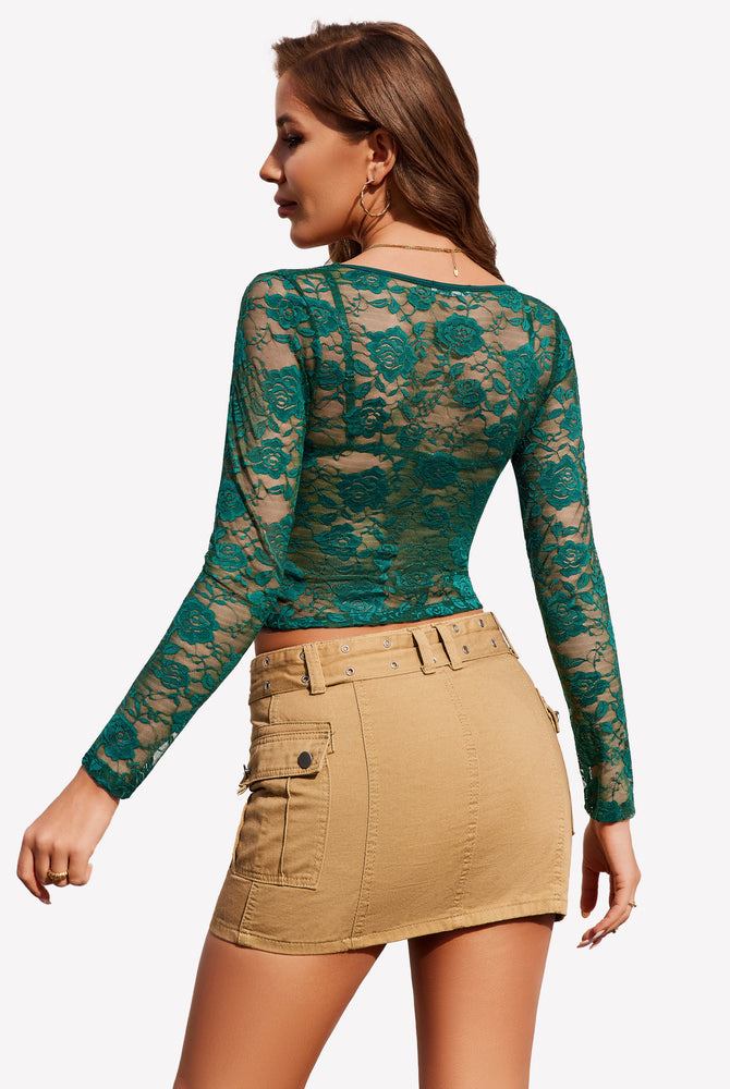 Teal green floral lace mesh long sleeve crop top with a tan mini skirt, sexy lingerie