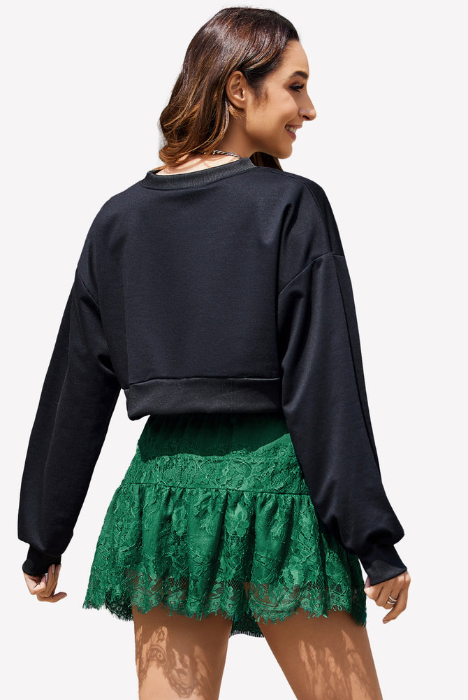 Y2K style green lace trim short skirt with black crop top, elastic closure, soft and breathable.