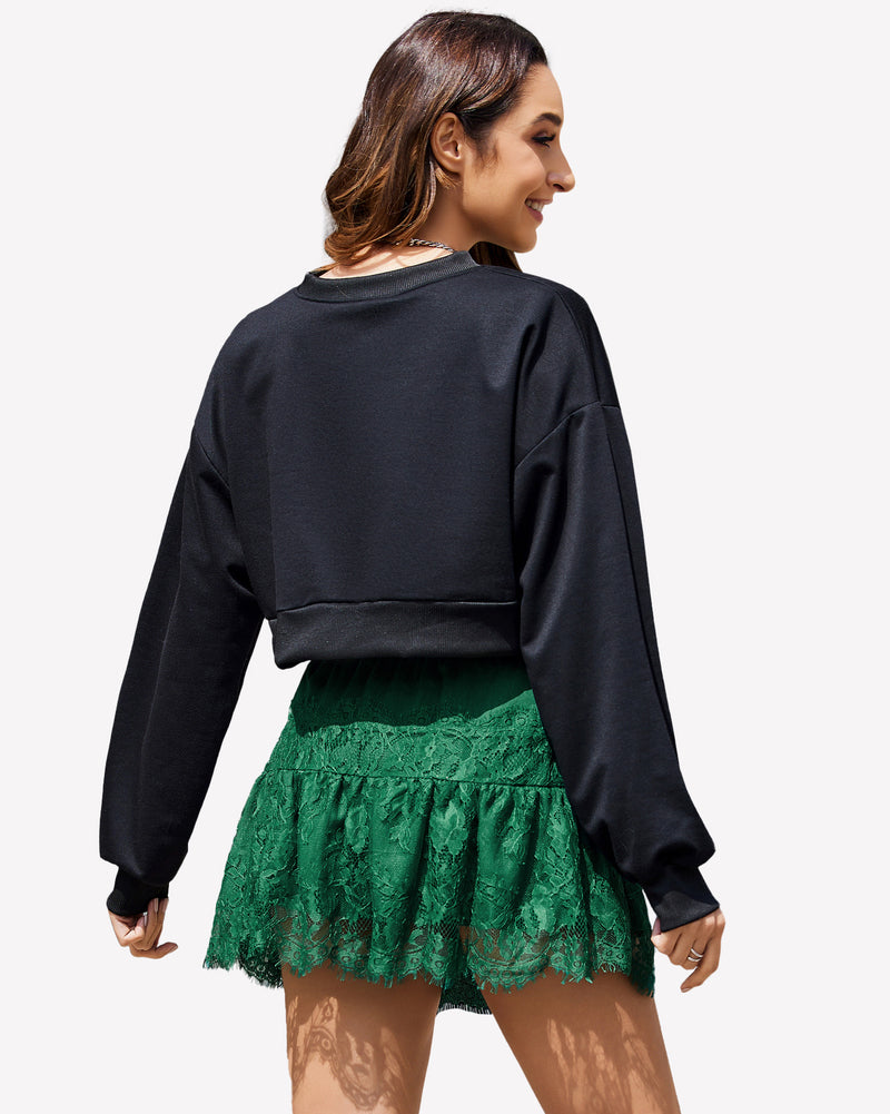 Y2K style green lace trim short skirt with black crop top, elastic closure, soft and breathable.