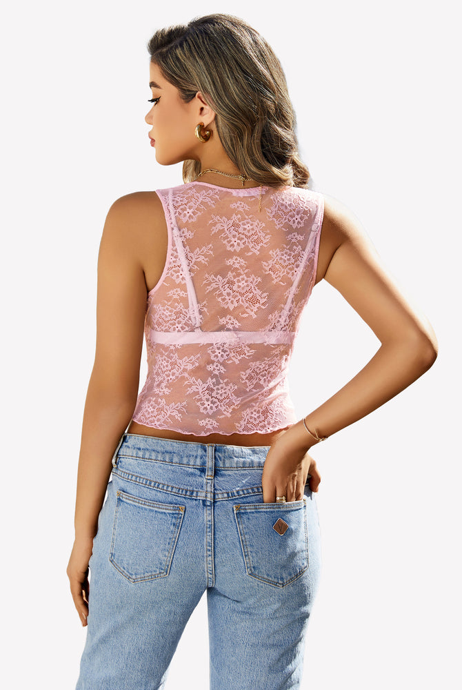 Pink lace tank top, Going Out Tops collection, floral design, perfect for spring and summer.