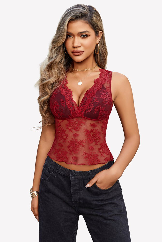 Burgundy floral lace tank top, Going Out Tops collection, perfect for spring/summer