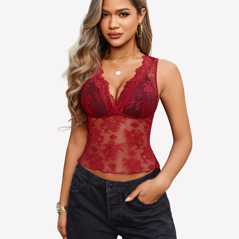 Burgundy floral lace tank top, Going Out Tops collection, perfect for spring/summer