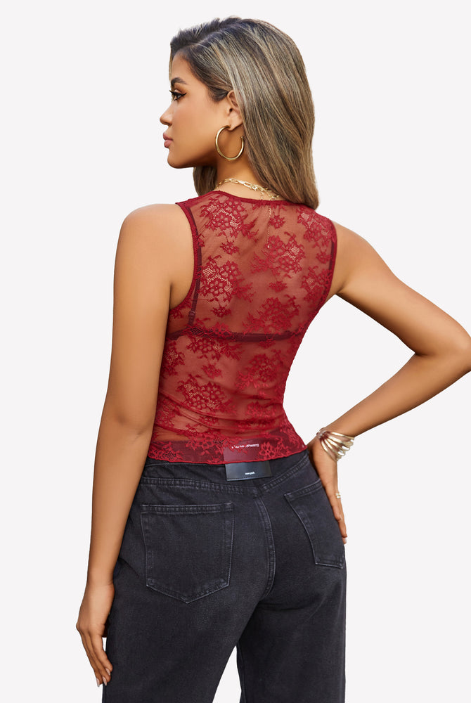 Burgundy lace tank top, Going Out Tops, floral design, with black jeans, spring/summer