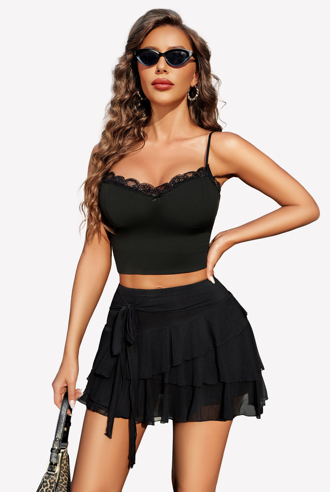 Black ruffle mini skirt, black lace crop top, tie waist, multi-layer design, sexy style.