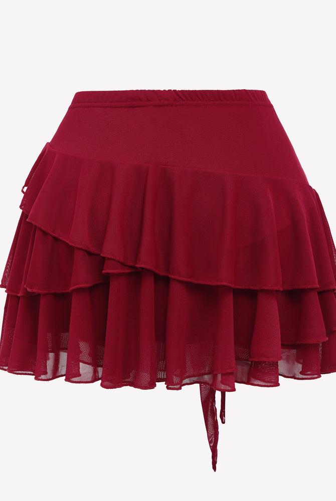 Burgundy ruffle mini skirt with multi-layer design and tie waist, perfect for a sexy and sweet look.