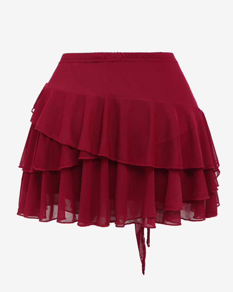 Burgundy ruffle mini skirt with multi-layer design and tie waist, perfect for a sexy and sweet look.