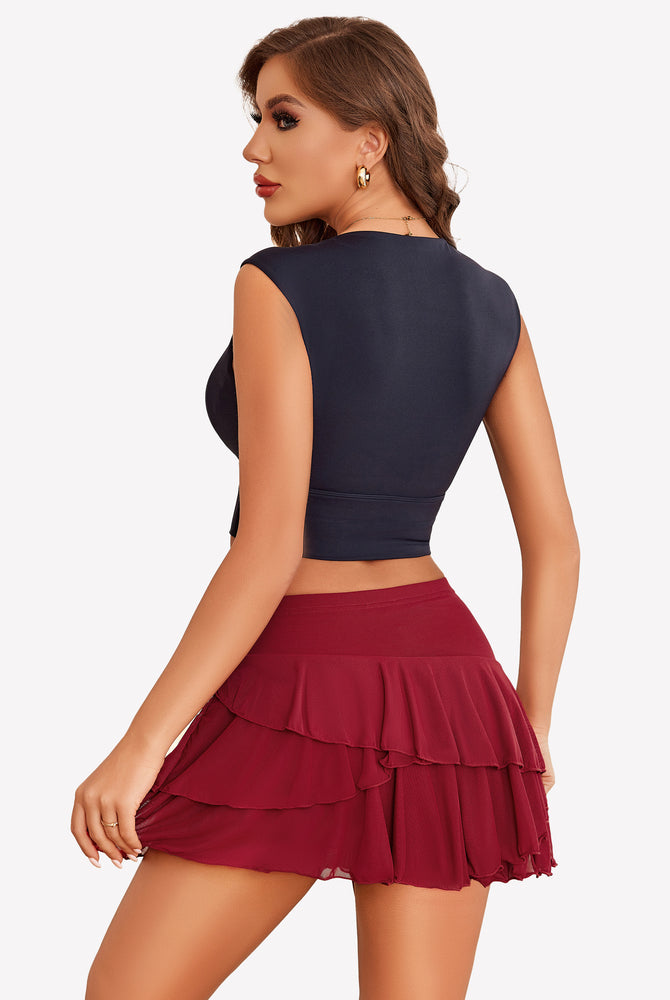 Burgundy ruffle mini skirt with multi-layer design, black crop top, sexy and sweet style.