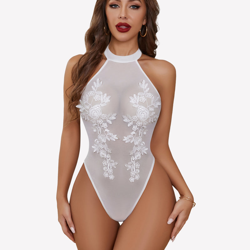 White mesh embroidered bodysuit with halter neck, perfect for confidence and inner beauty.