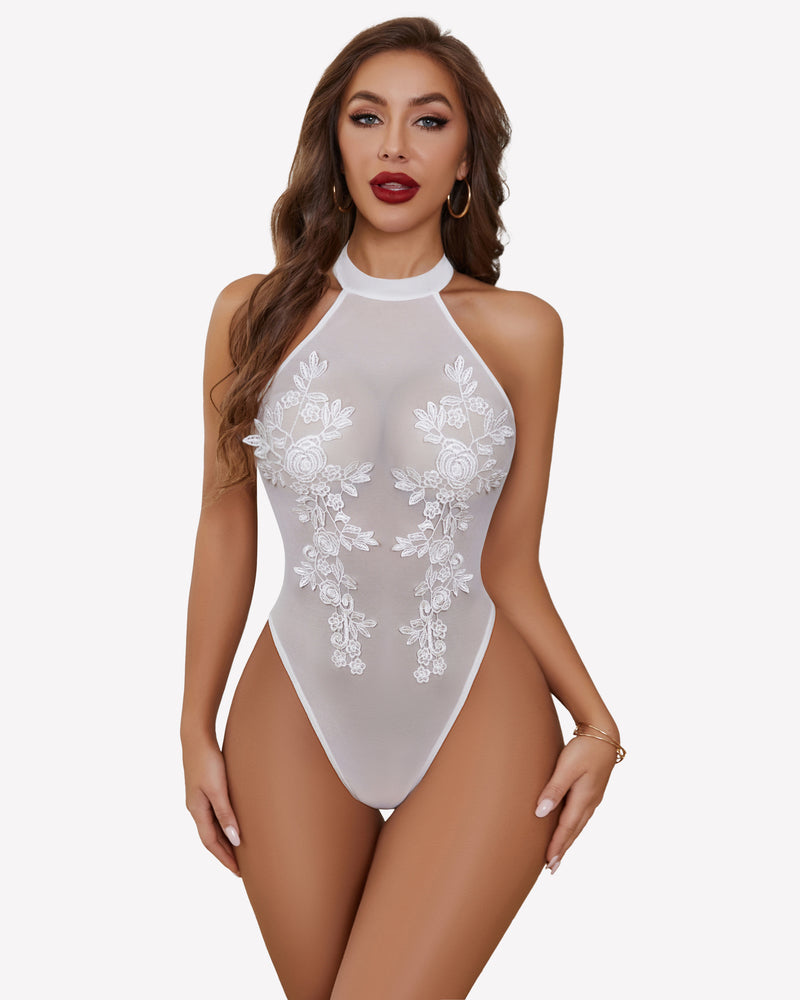 White mesh embroidered bodysuit with halter neck, perfect for confidence and inner beauty.