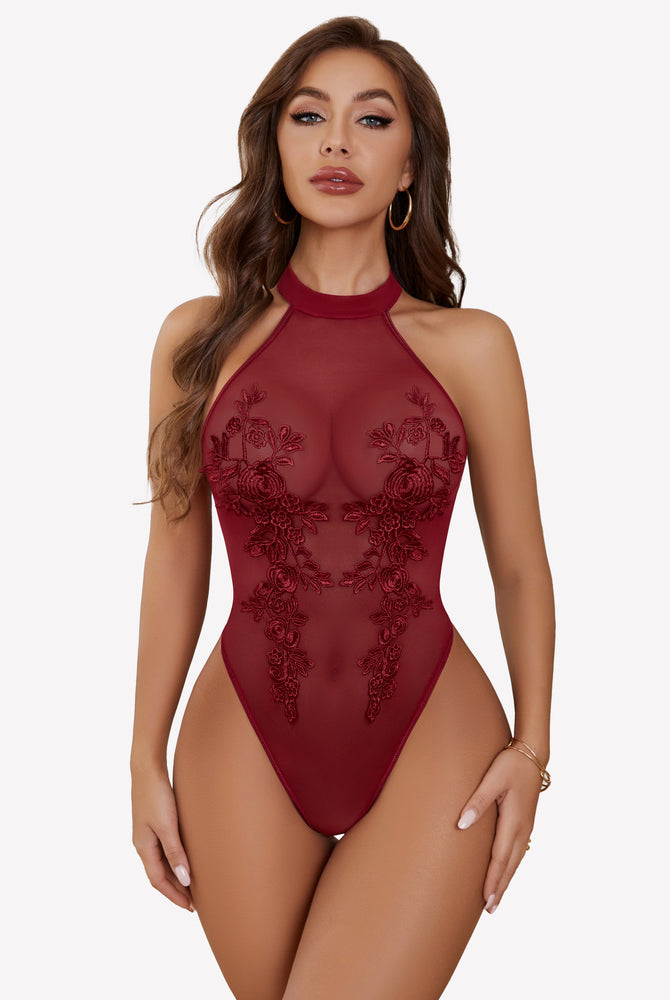 Burgundy mesh embroidered bodysuit with halter neck, perfect for confidence and inner beauty.