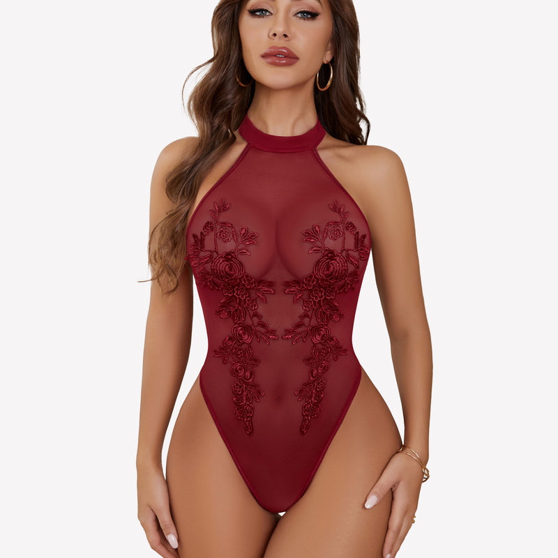 Burgundy mesh embroidered bodysuit with halter neck, perfect for confidence and inner beauty.