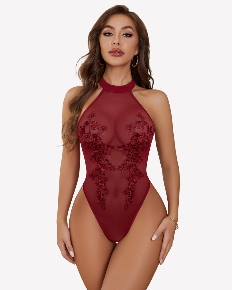 Burgundy mesh embroidered bodysuit with halter neck, perfect for confidence and inner beauty.