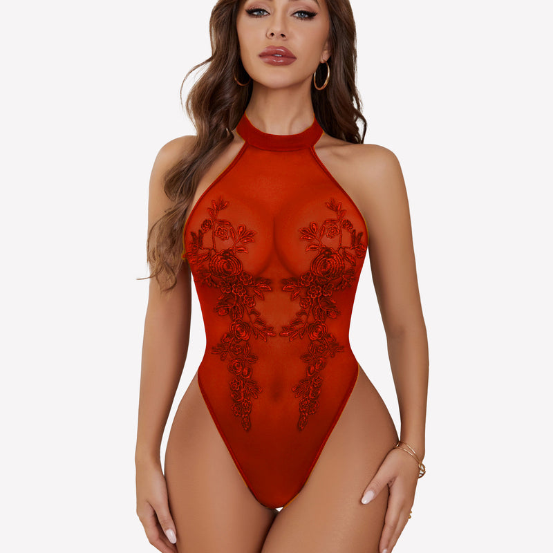 Red mesh embroidered bodysuit with halter neck, perfect for confidence and inner beauty.