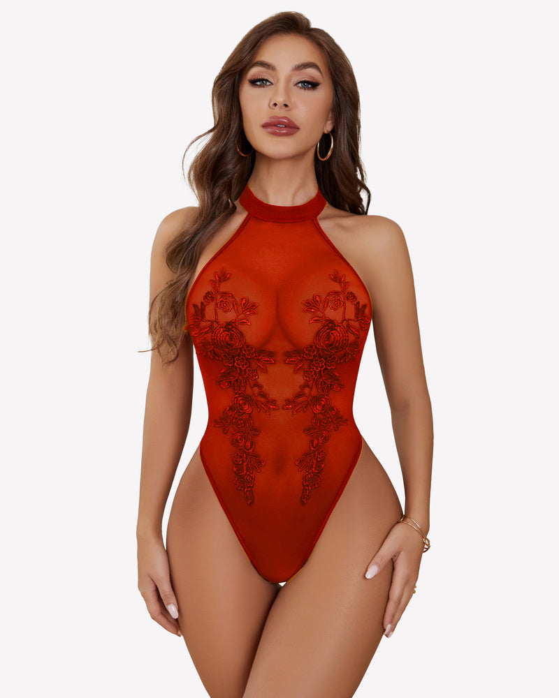 Red mesh embroidered bodysuit with halter neck, perfect for confidence and inner beauty.