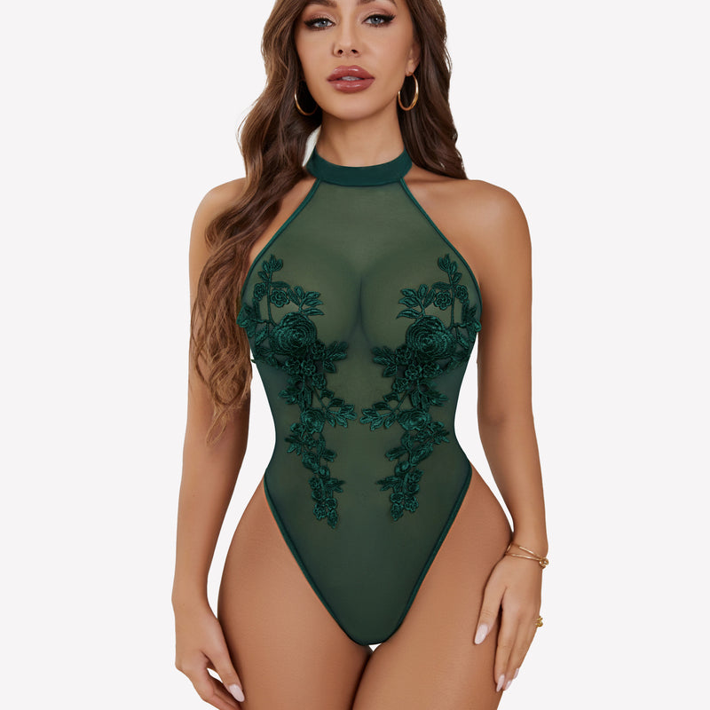 Green mesh embroidered bodysuit with halter neck, enhancing confidence and inner beauty.