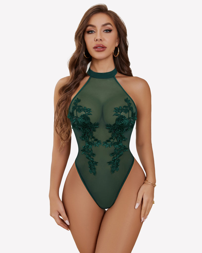 Green mesh embroidered bodysuit with halter neck, enhancing confidence and inner beauty.
