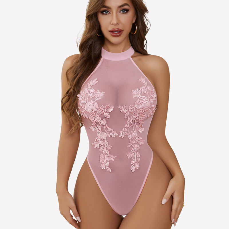 Pink mesh embroidered halter bodysuit with floral lace, for confidence and inner beauty.