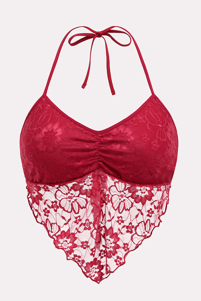Red lace crop top halter V neck cami tank, perfect for parties and nights out.