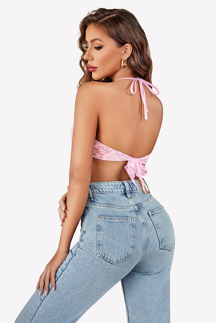 Pink lace crop top halter V neck cami tank with light blue jeans, ideal for parties and nights out.