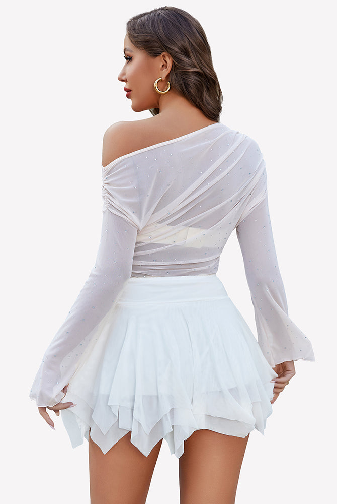 White mesh Y2K short skort and off-shoulder top, asymmetrical hem, summer outfit.