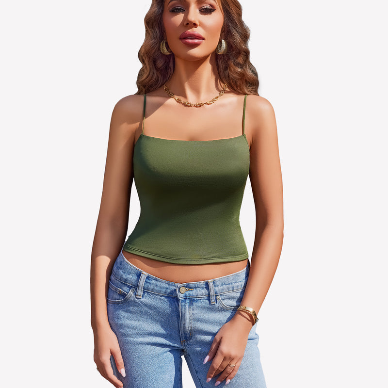 Olive green cropped top with thin straps and light blue jeans, perfect for summer.