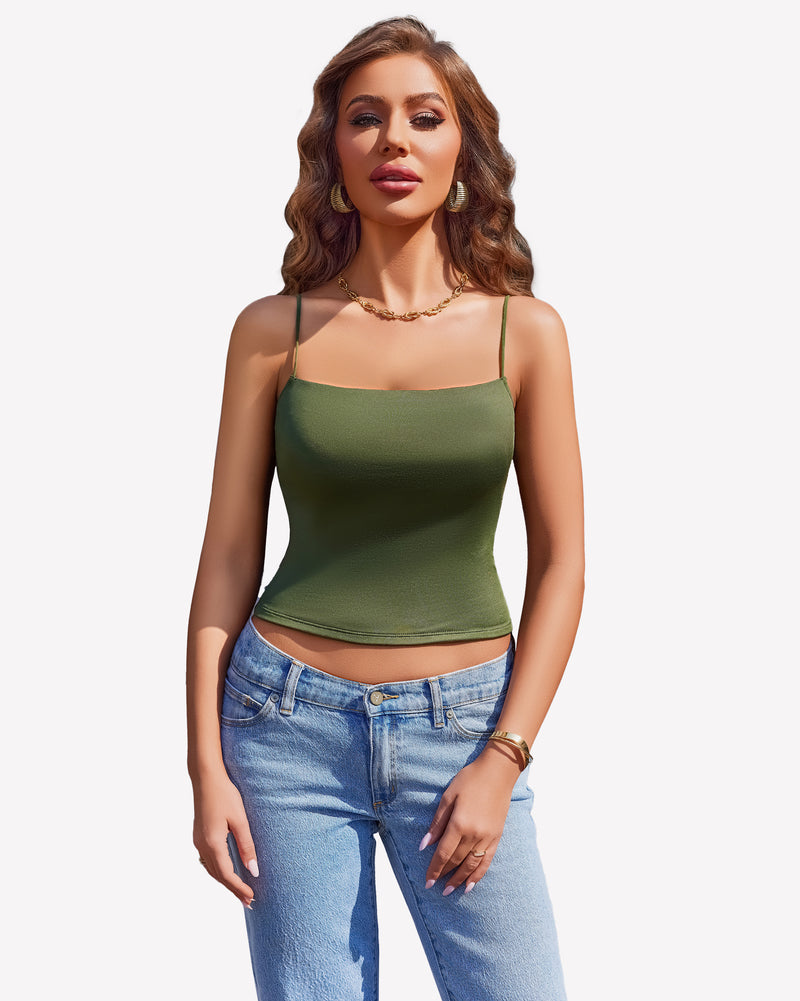 Olive green cropped top with thin straps and light blue jeans, perfect for summer.
