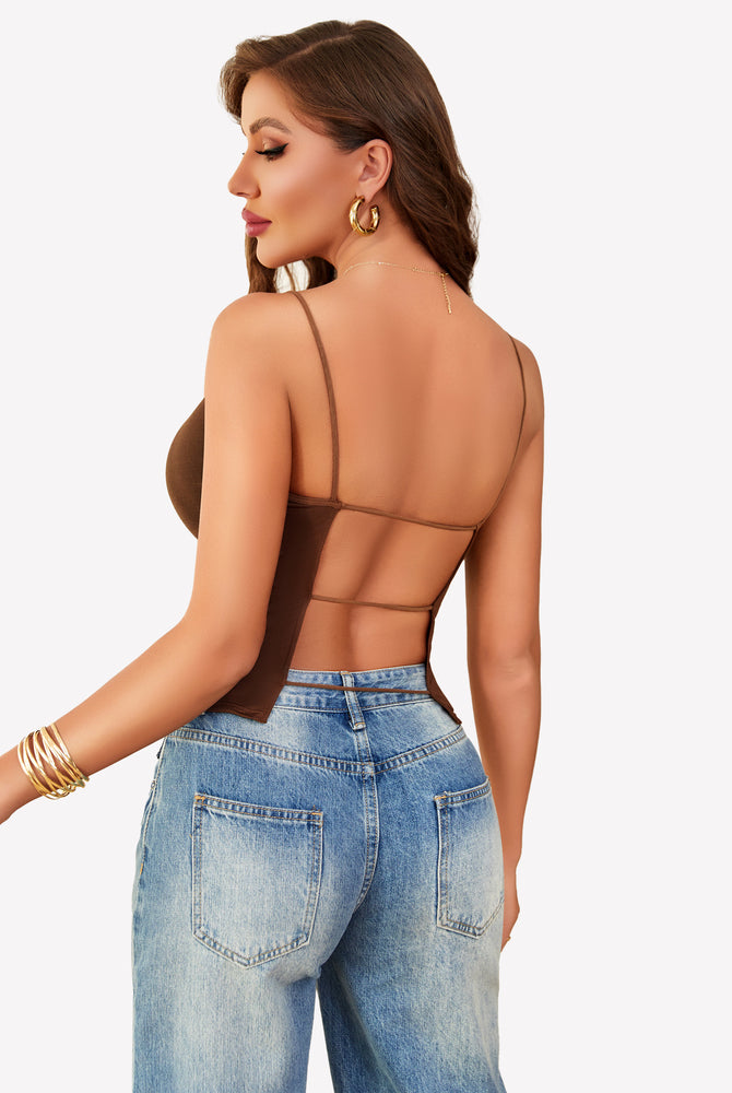 Brown backless cropped top with thin straps and light blue jeans, summer outfit