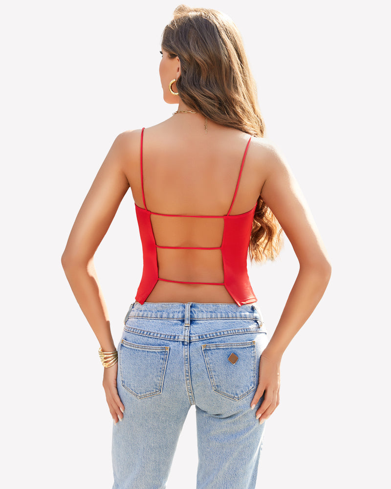Red backless cropped top with thin straps and light blue jeans, summer outfit