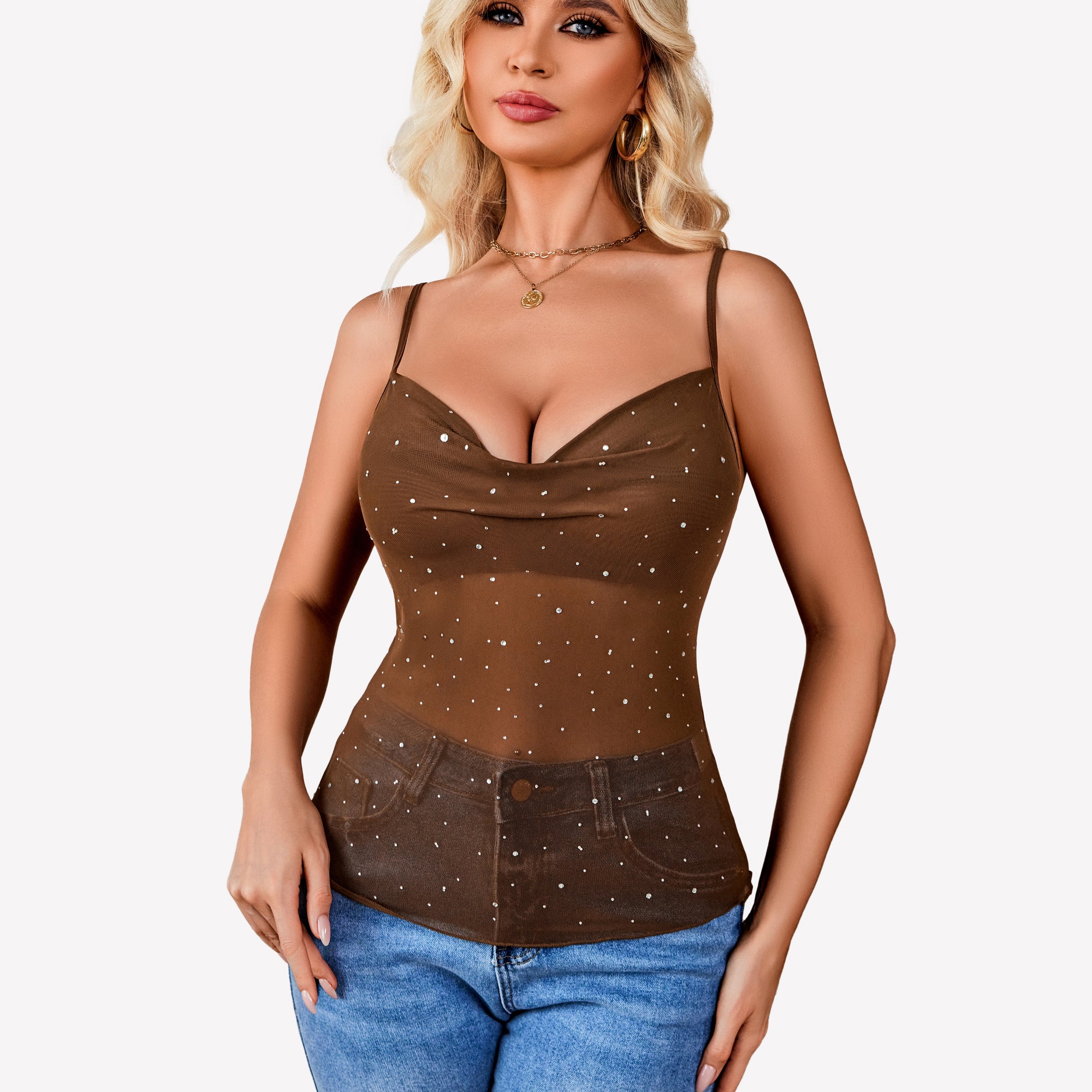 Tanktop mit Wasserfallausschnitt und Pailletten