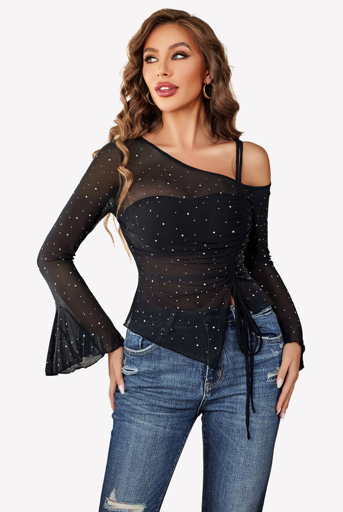 Black mesh rhinestone top with off-shoulder design and long sleeves, perfect for events