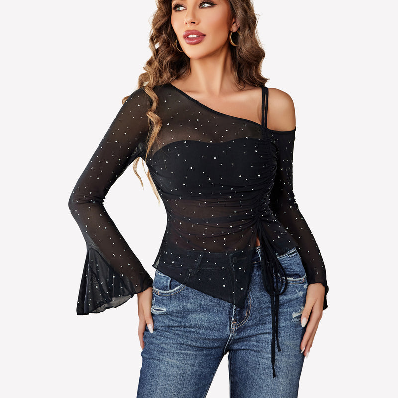 Black mesh rhinestone top with off-shoulder design and long sleeves, perfect for events