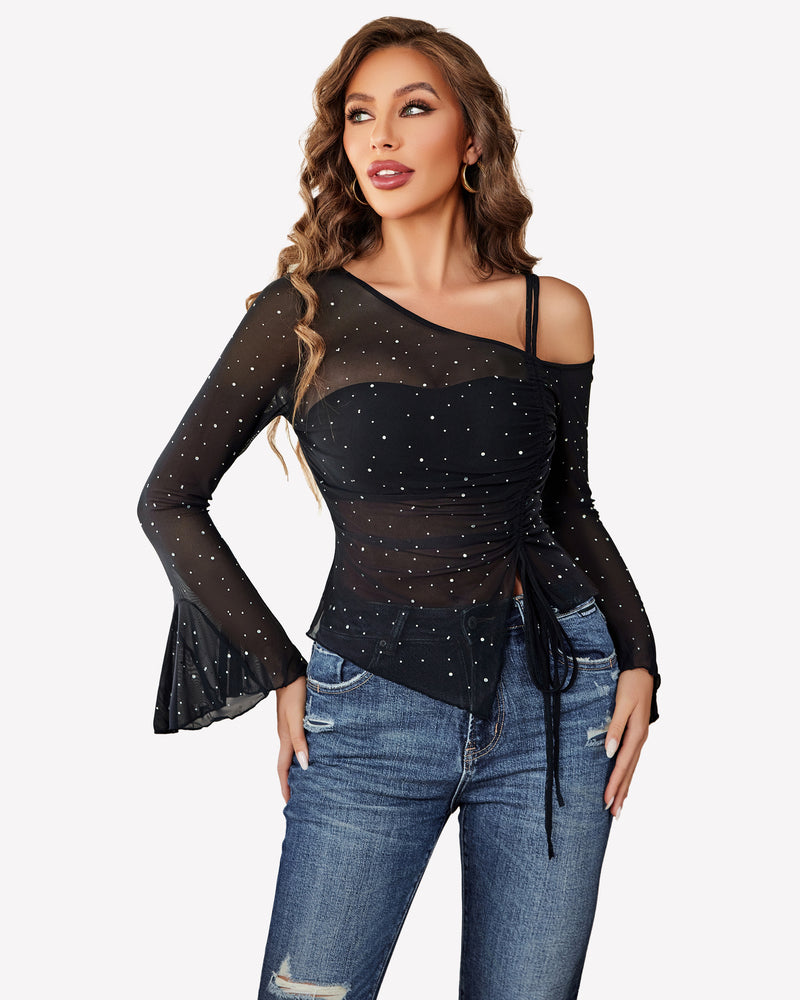 Black mesh rhinestone top with off-shoulder design and long sleeves, perfect for events