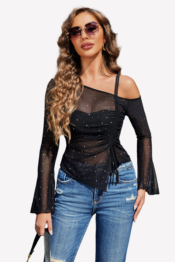 Black mesh rhinestone top with off-shoulder design and long sleeves, perfect for various events