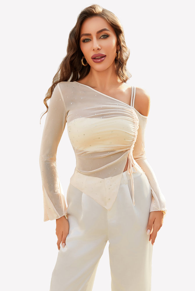 Beige mesh rhinestone top with off-shoulder design and long sleeves, perfect for events