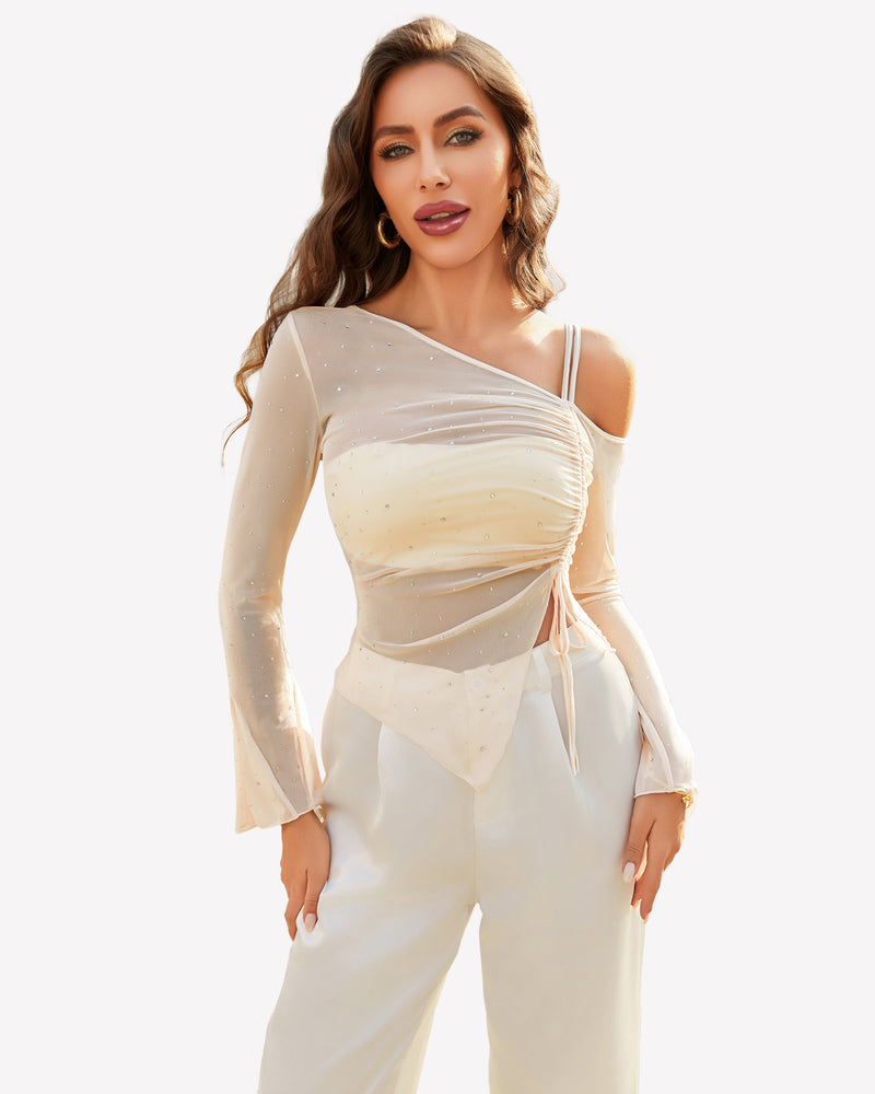 Beige mesh rhinestone top with off-shoulder design and long sleeves, perfect for events