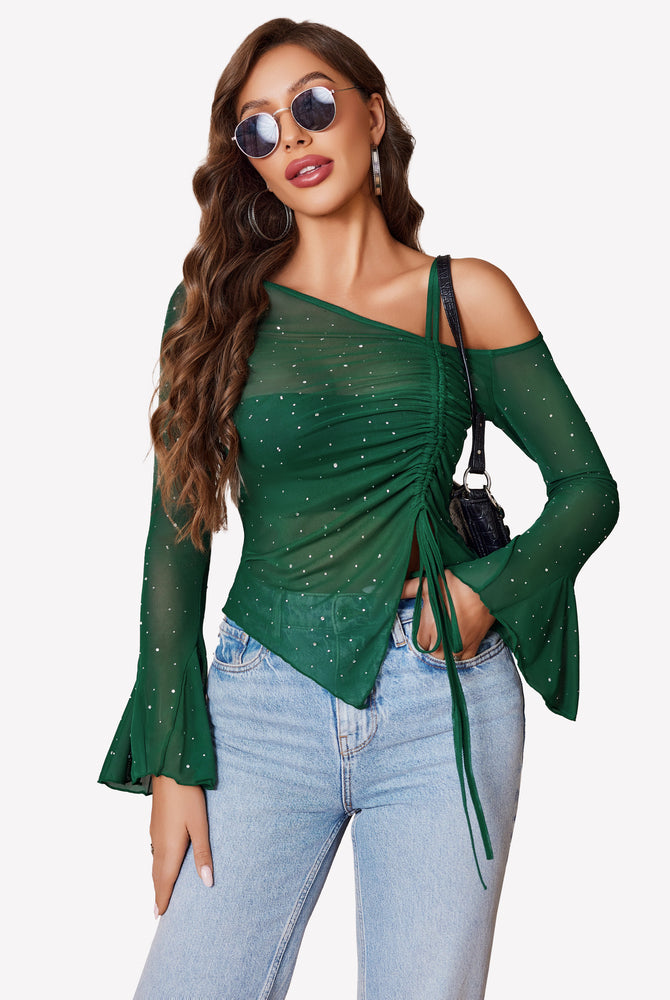 Green mesh rhinestone top with off-shoulder design and long sleeves, perfect for various events