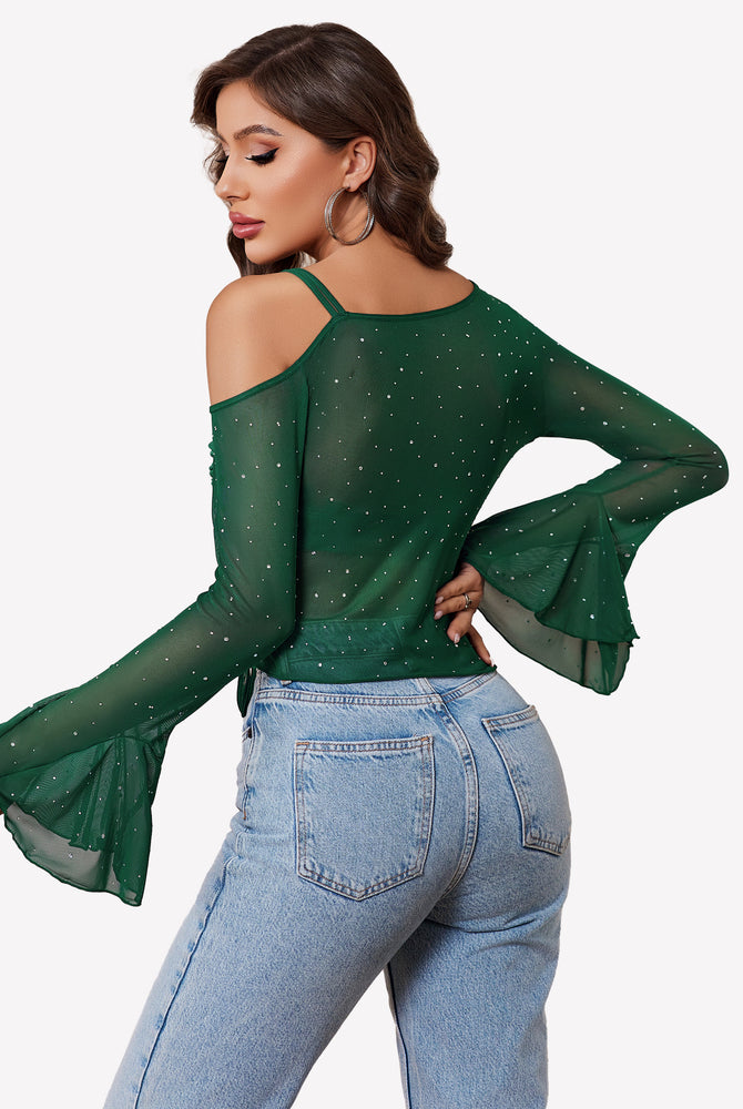 Green mesh top with rhinestones, long sleeves, and off-shoulder design, perfect for various events