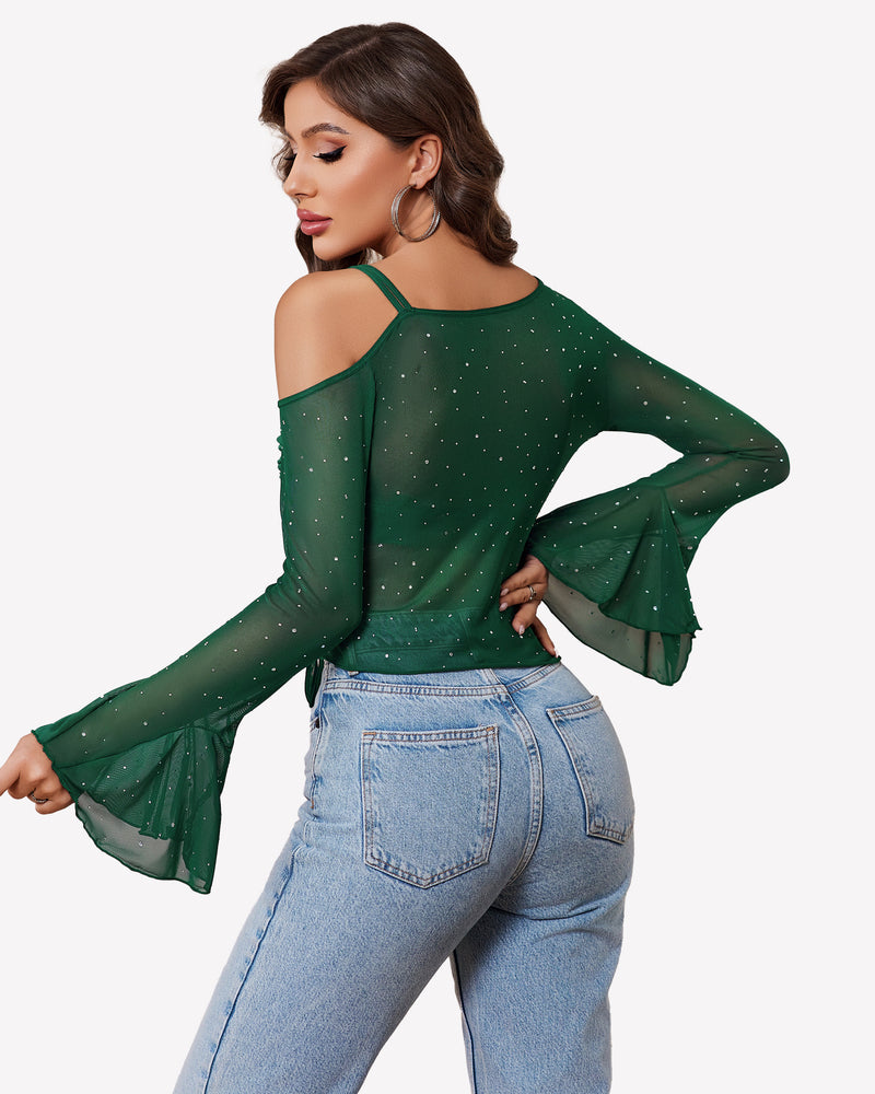 Green mesh top with rhinestones, long sleeves, and off-shoulder design, perfect for various events
